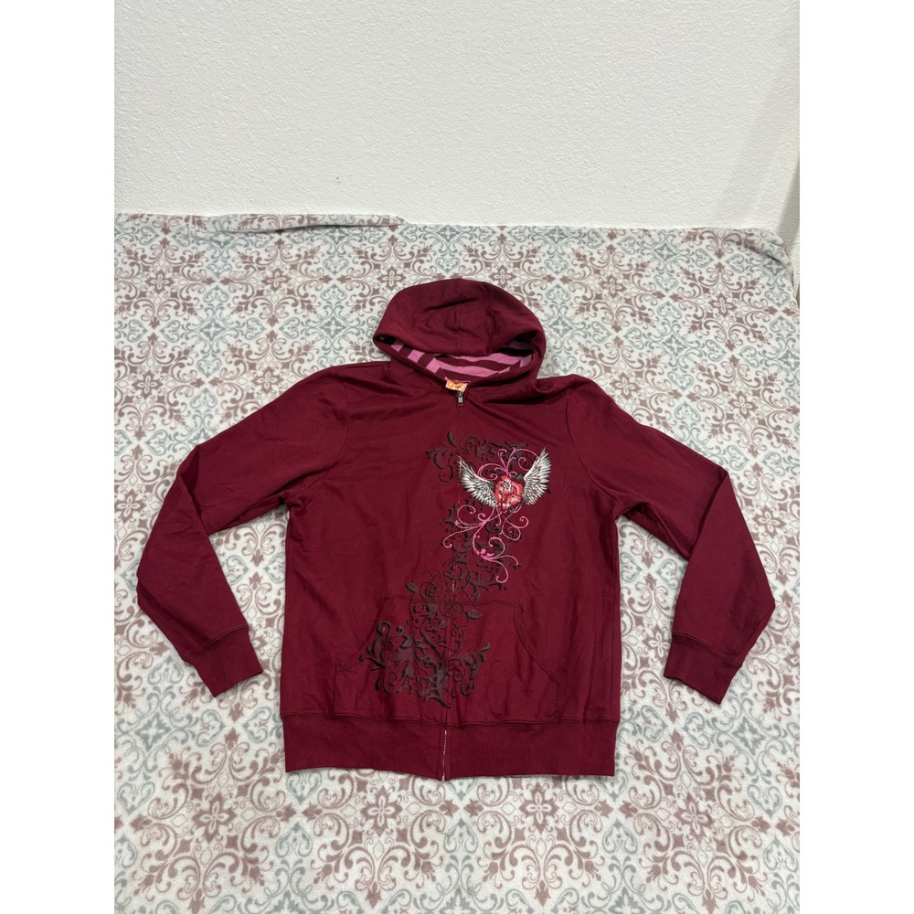 Big Flirt Womens ZipUp Hoodie Burgundy Winged Heart Graphic Y2K Fairycore Maroon